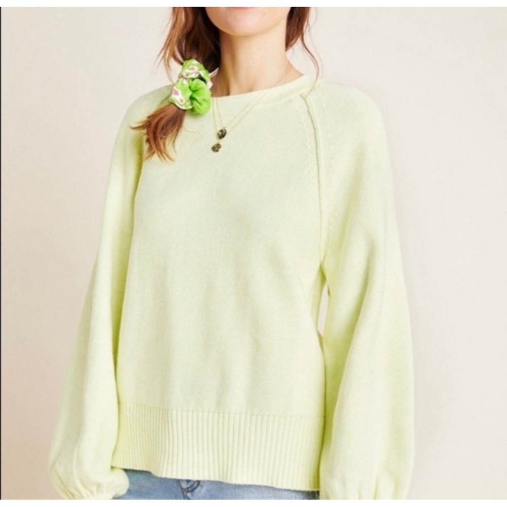 Anthropologie Women XS Lime Green Balloon Sleeve Tie Back Open Back Knit Sweater